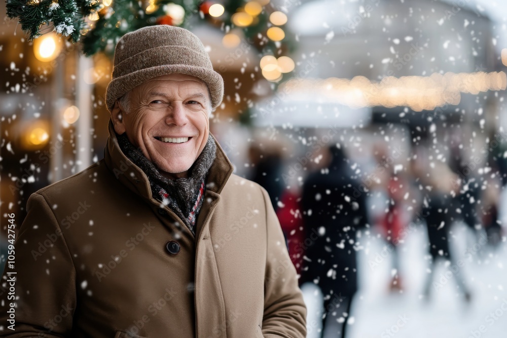 An elderly man, warmly dressed in a winter coat and hat, smiles brightly as snow falls around him at a bustling outdoor market during the festive season. An elderly man, warmly dressed in a winter coat and hat, smiles brightly as snow falls around him at a bustling outdoor market during the festive season.