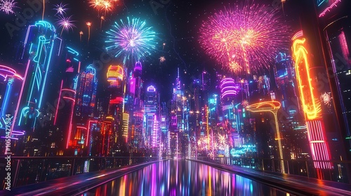 Neon skyline with fireworks, vibrant nocturnal cityscape.
