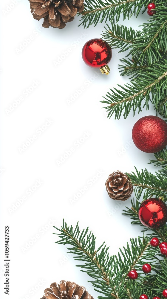 Christmas border with pine cones, red ornaments, and holly berries on white background Christmas border with pine cones, red ornaments, and holly berries on white background