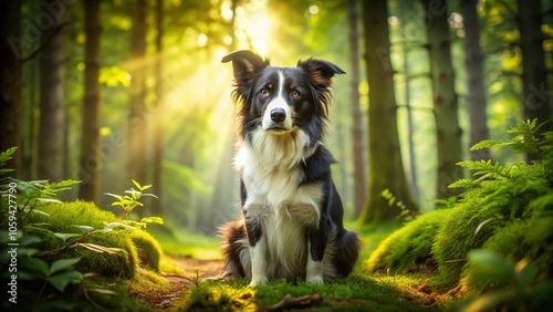 Stunning Border Collie Portrait in Enchanting Forest Setting - Majestic Dog Gazing Forward, Capturing Nature's Beauty and Serenity