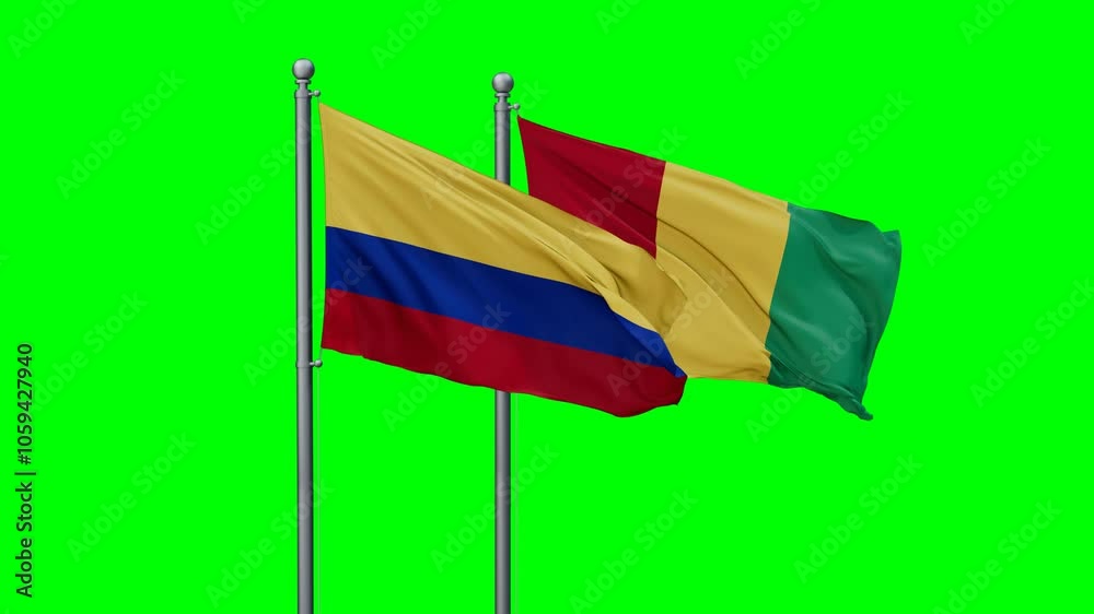 Republic of Guinea or Guinea-Conakry and Colombia flags flying together, video concept of the relationship with colored chroma key for easy background remove Republic of Guinea or Guinea-Conakry and Colombia flags flying together, video concept of the relationship with colored chroma key for easy background remove