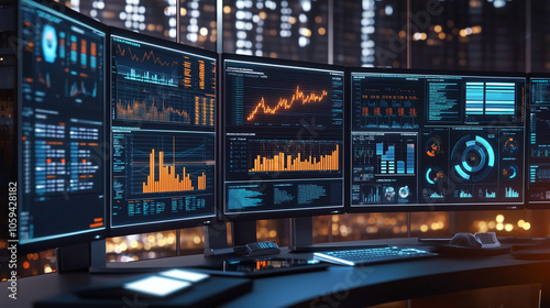 Virtual workspace with multiple screens displaying data analysis tools, market trends, and growth metrics in a modern business environment-3