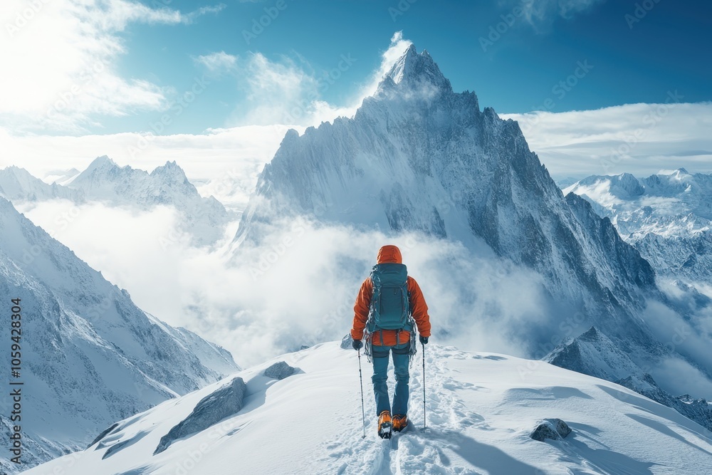 A hiker explores a snowy mountain range under bright skies in winter A hiker explores a snowy mountain range under bright skies in winter