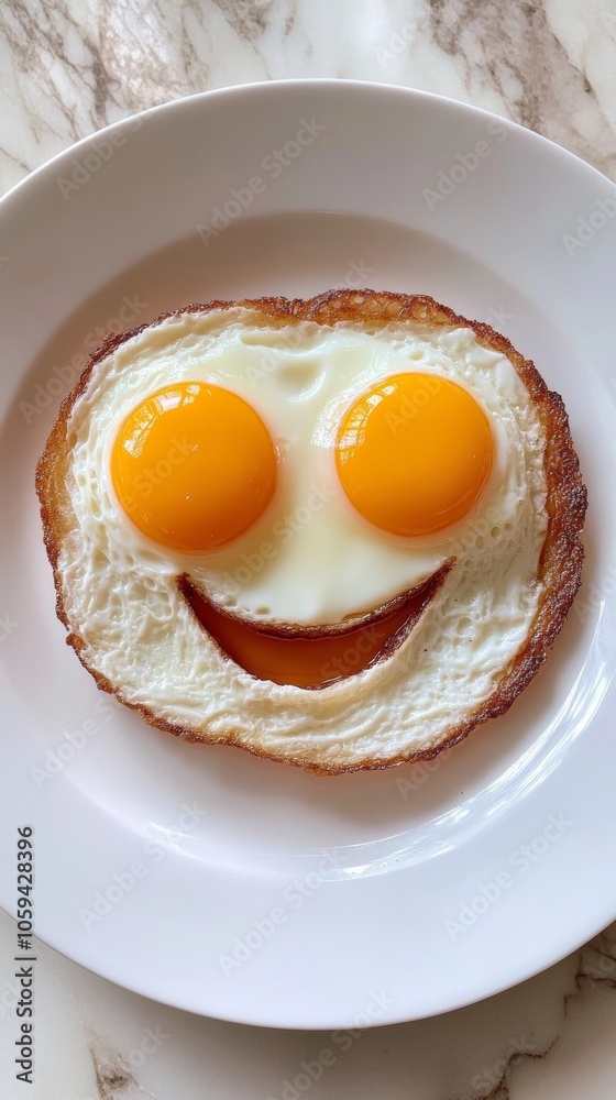 Smiling fried eggs sunny side up on white plate for breakfast Smiling fried eggs sunny side up on white plate for breakfast