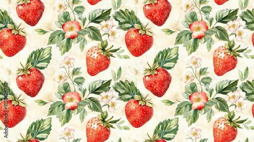 Fototapeta Naklejka Na Ścianę i Meble -  Seamless watercolor pattern featuring vibrant fresh strawberries delicate leaves and blooming flowers ideal for fabric design and stationery