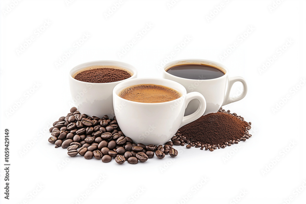 Coffee cups displayed with coffee beans, ground coffee, and brewed coffee, studio shoot Coffee cups displayed with coffee beans, ground coffee, and brewed coffee, studio shoot