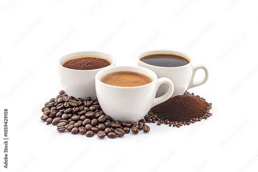 Coffee cups displayed with coffee beans, ground coffee, and brewed coffee, studio shoot Coffee cups displayed with coffee beans, ground coffee, and brewed coffee, studio shoot