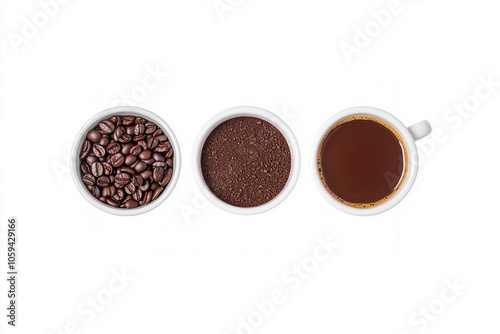 Coffee cups displayed with coffee beans, ground coffee, and brewed coffee, studio shoot