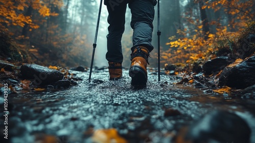 A person treks through a gentle stream, with water splashing around their boots. The lush forest displays vibrant autumn colors and a soft mist, creating a tranquil atmosphere.