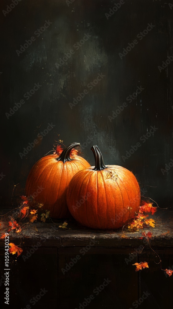 Two pumpkins sitting on rustic wooden surface with autumn leaves Two pumpkins sitting on rustic wooden surface with autumn leaves