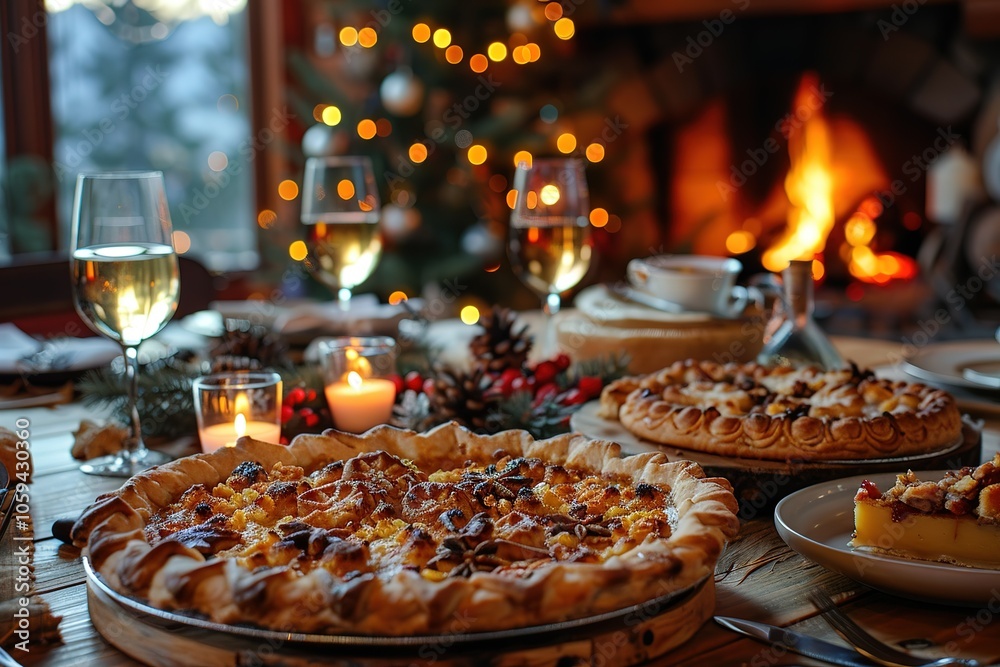 Fototapeta premium A table with a Christmas tree and a fire in the background
