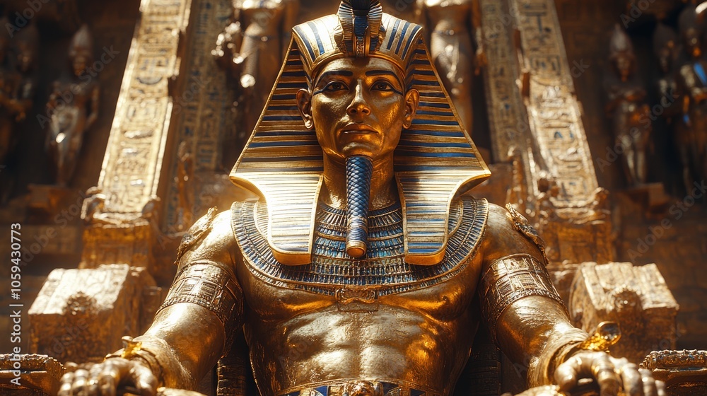 Obraz premium Majestic golden pharaoh statue sitting on throne in ancient temple