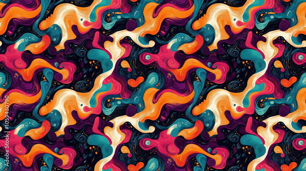 Colorful psychedelic seamless pattern featuring interwoven curved shapes artistic design abstract texture