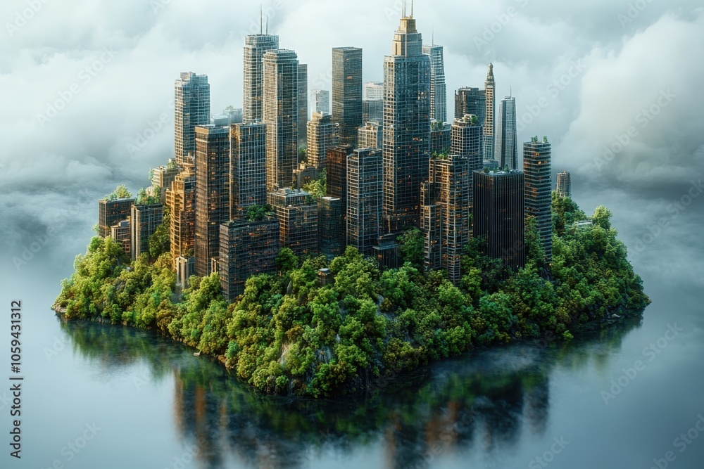 Naklejka premium A lush island cityscape rises from calm waters under a cloudy sky in a futuristic setting