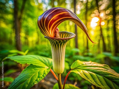 Stunning Jack-in-the-Pulpit Wildflower in Bloom - Macro Photography of Woodland Flora and Native Forest Habitat photo