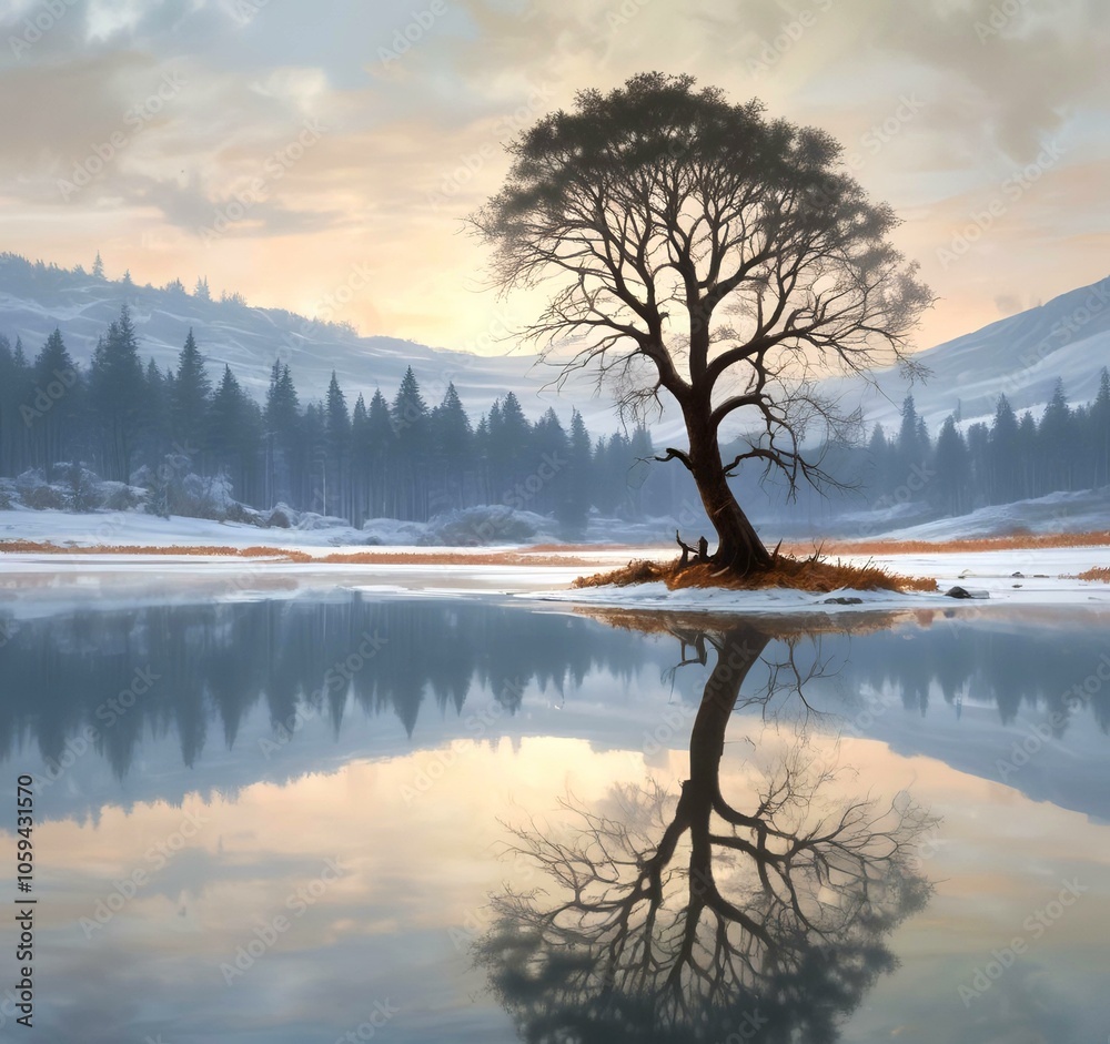 Illustration of lonely tree with winter landscape.