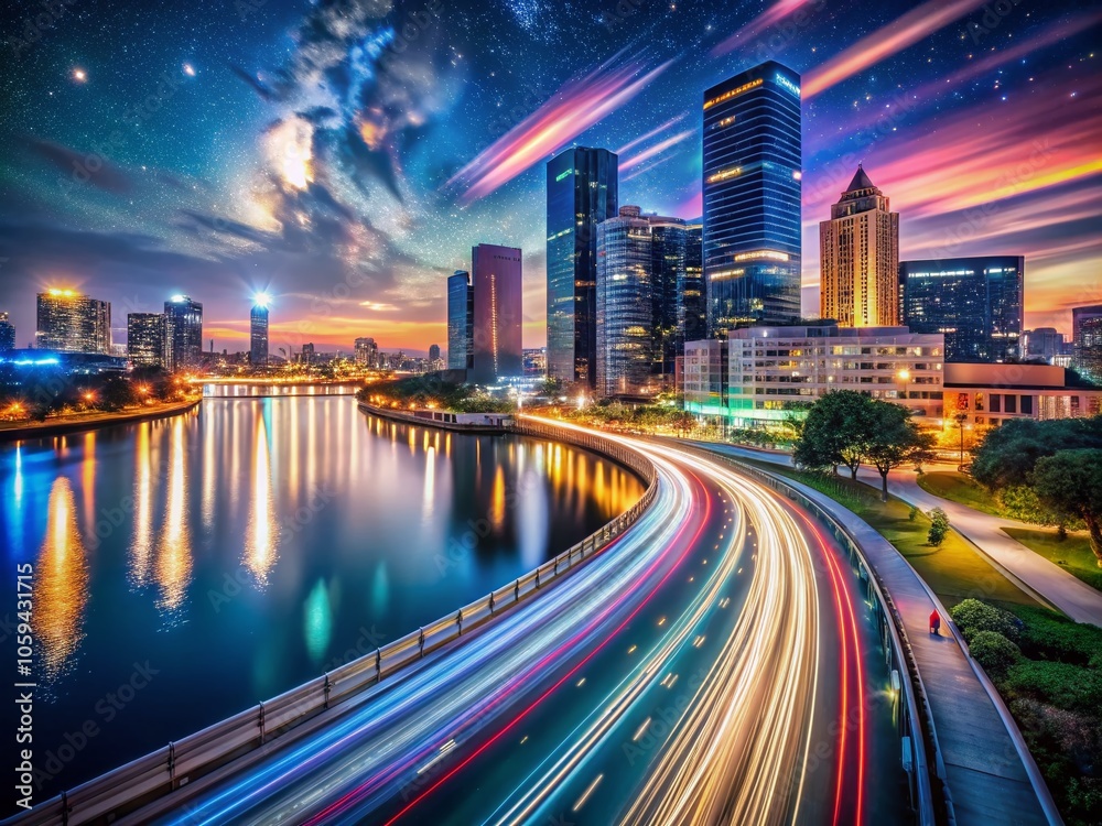 Stunning Long Exposure Nightscape of a City Skyline with Light Trails and Starry Sky, Capturing Urban Energy and Natural Beauty in a Harmonious Blend of Motion and Stillness Stunning Long Exposure Nightscape of a City Skyline with Light Trails and Starry Sky, Capturing Urban Energy and Natural Beauty in a Harmonious Blend of Motion and Stillness