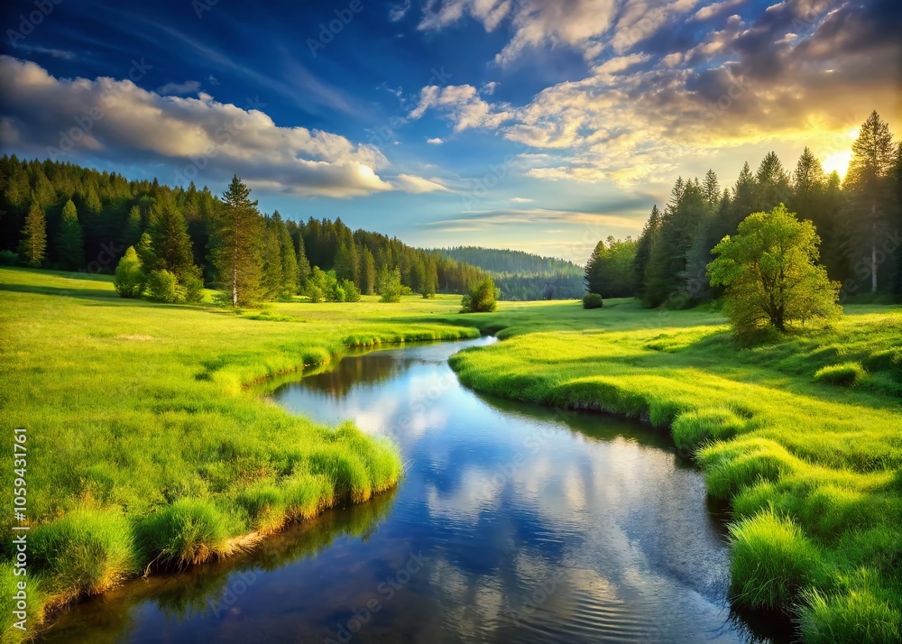 Obraz premium Stunning Long Exposure of a Serene Summer Landscape with a Small River, Lush Green Meadow, and Forest Under a Clear Sky in Bright Warm Colors