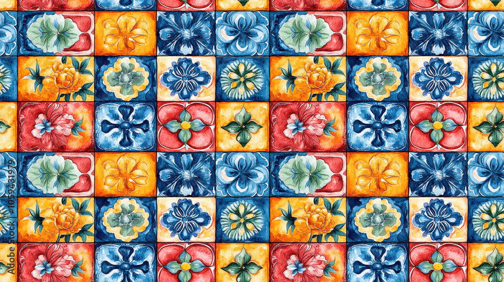 Majolica tile art pattern in vibrant hand drawn watercolor style perfect for textile prints and fabric designs Majolica tile art pattern in vibrant hand drawn watercolor style perfect for textile prints and fabric designs