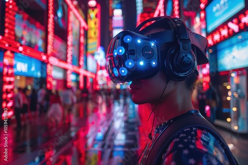 Wallpaper Mural A man wearing a VR headset stands in front of a neon sign Torontodigital.ca