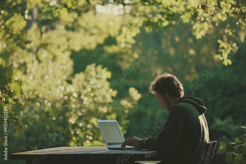 Young man in a park sitting with a laptop, working intently in a natural setting with lush green surroundings. Concept of remote work and connection with nature.