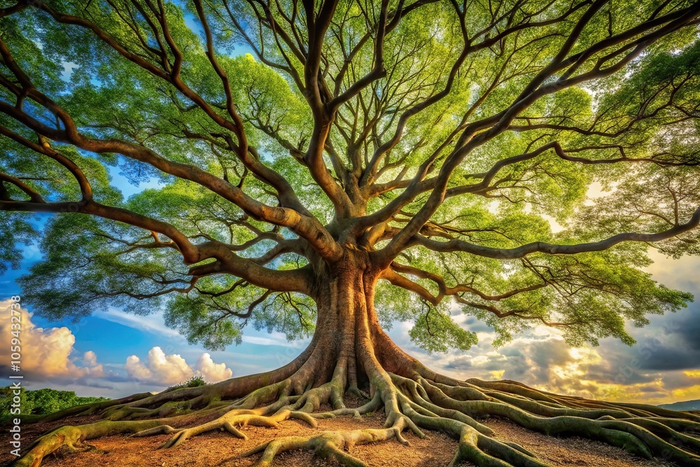 Obraz premium Ancient tree with gnarled roots and branches stretching towards the sky, trunk, foliage