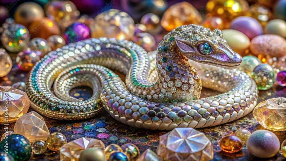 Stunning Mother-of-Pearl Snake Among Glimmering Crystals – A Magical Fantasy Scene with Reflective Scales and Precious Stones for Enchanting Product Photography Stunning Mother-of-Pearl Snake Among Glimmering Crystals – A Magical Fantasy Scene with Reflective Scales and Precious Stones for Enchanting Product Photography
