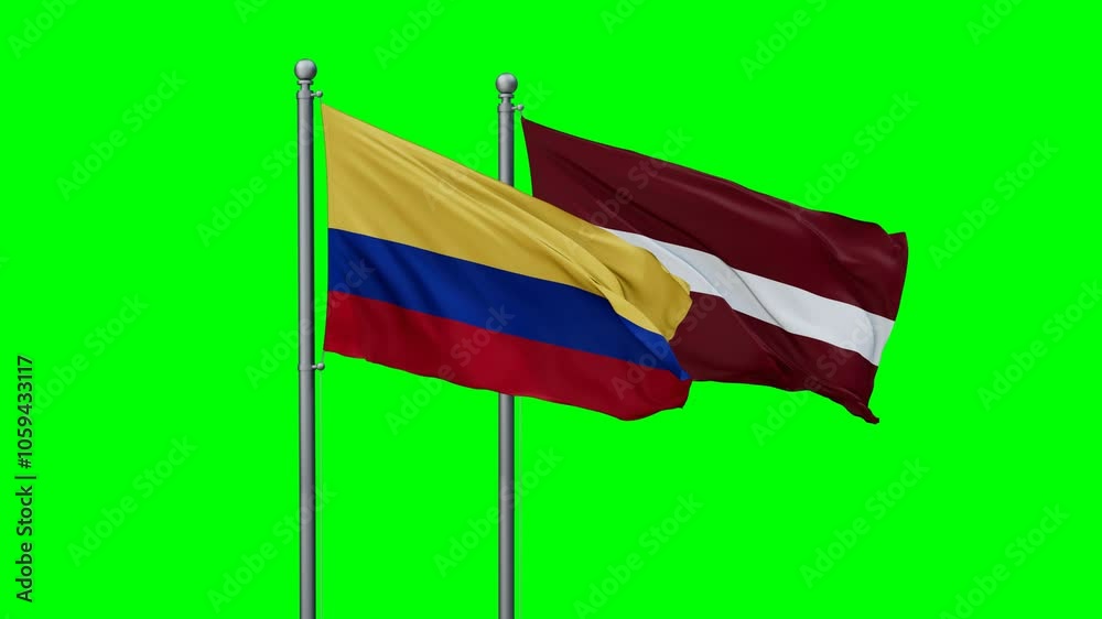 Latvia and Colombia flags flying together, video concept of the relationship with colored chroma key for easy background remove, two country cooperation concept Latvia and Colombia flags flying together, video concept of the relationship with colored chroma key for easy background remove, two country cooperation concept