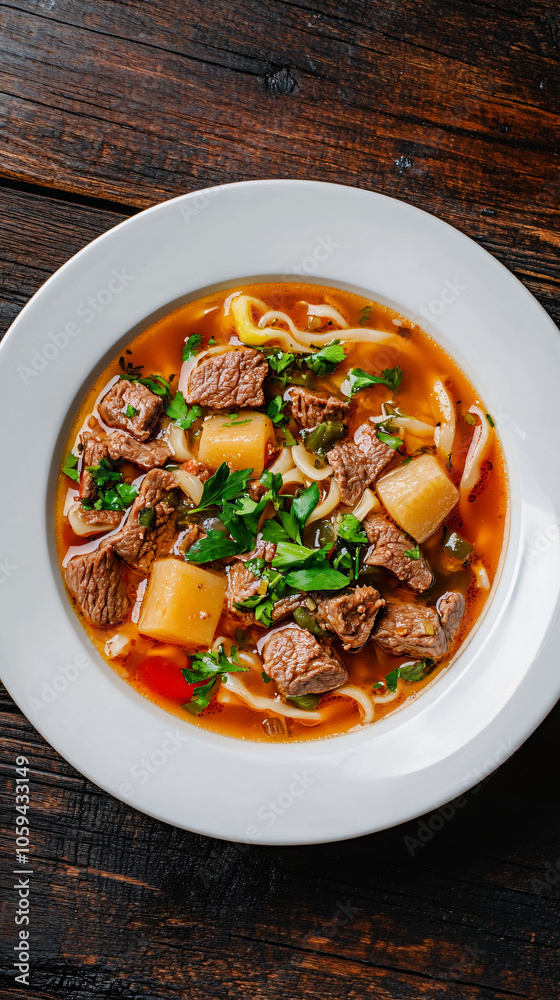 Rustic wooden table with a white bowl filled with delicious hot beef noodle soup on top Rustic wooden table with a white bowl filled with delicious hot beef noodle soup on top