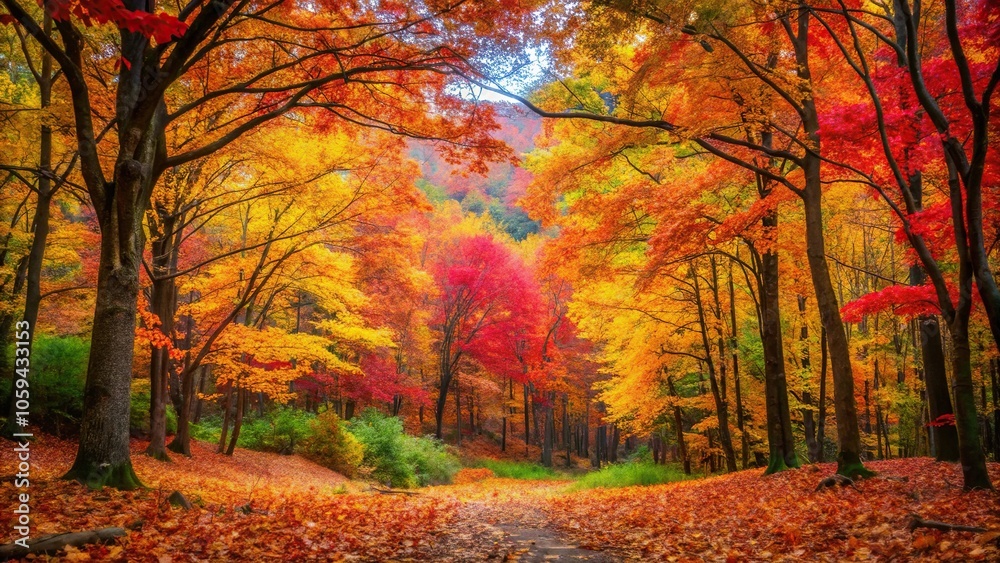 Autumn forest scene with vibrant fall leaves changing colors, yellow, foliage, autumn leaves, harvest Autumn forest scene with vibrant fall leaves changing colors, yellow, foliage, autumn leaves, harvest