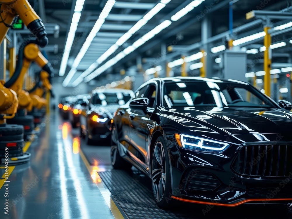 Modern automotive production line with advanced robotics and luxury vehicles