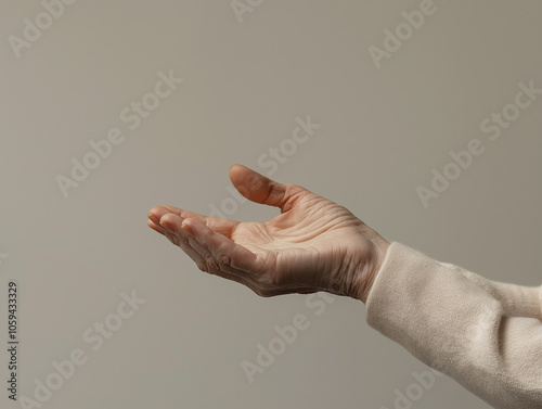 An extended hand reaching into an empty space with a minimalist background, symbolizing assistance, offering, or longing in an abstract and open context. photo