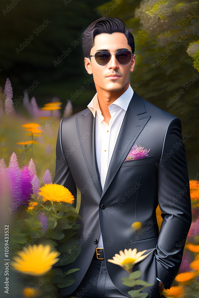 Elegant man in suit, with sunglasses, with river or stream backdrop and picturesque natural landscape displaying, flower field, photographic style, vibrant colors and almost dreamlike (6). Elegant man in suit, with sunglasses, with river or stream backdrop and picturesque natural landscape displaying, flower field, photographic style, vibrant colors and almost dreamlike (6).
