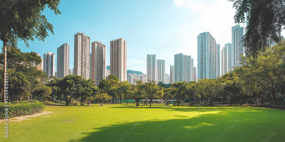 A serene city park with a well-kept lawn, trees, and a clear blue sky, framed by modern skyscrapers in the background. A place of nature within an urban setting. A serene city park with a well-kept lawn, trees, and a clear blue sky, framed by modern skyscrapers in the background. A place of nature within an urban setting.