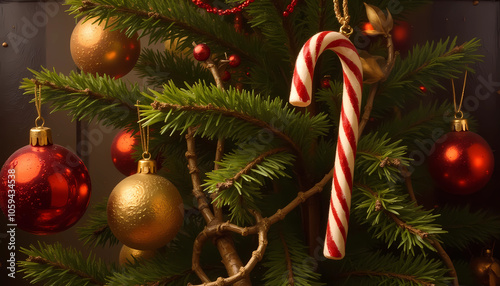 Candy cane ornament on Christmas tree with red and gold baubles