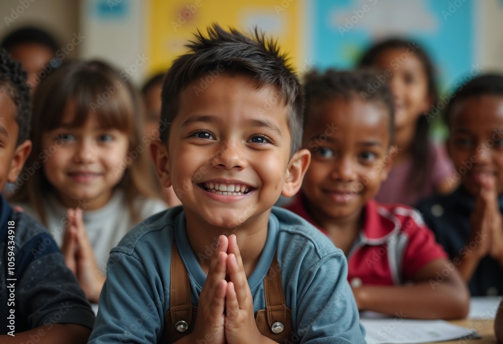 Happy schoolboy smiling with palms together in classroom surrounded by classmates Happy schoolboy smiling with palms together in classroom surrounded by classmates