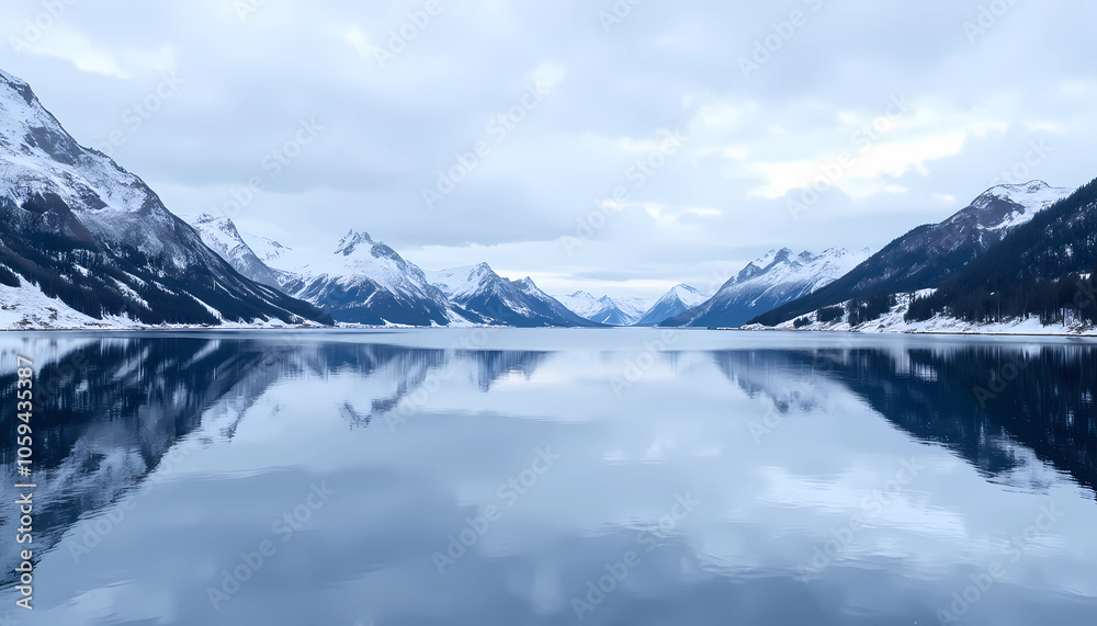 Snowy mountain lake with reflections of winter landscape Snowy mountain lake with reflections of winter landscape