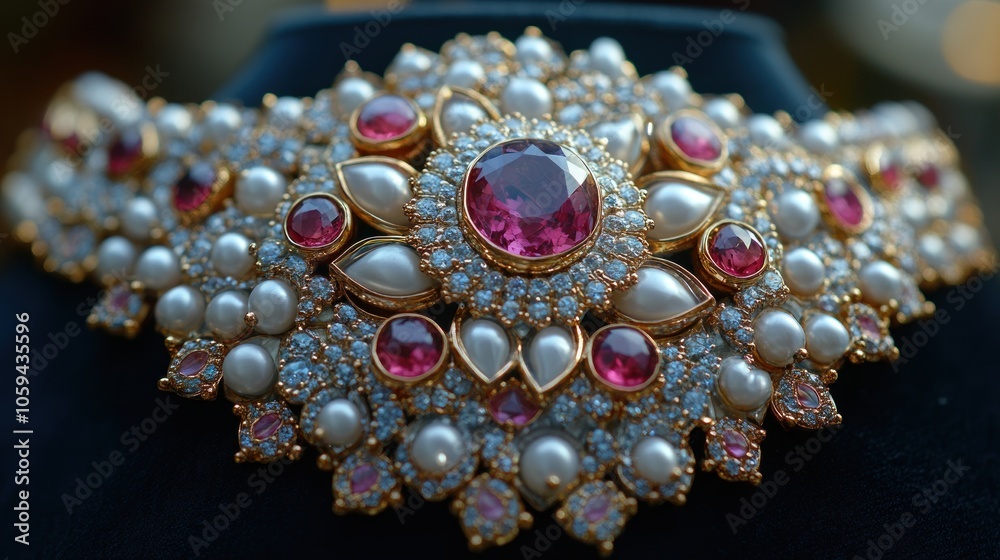 Elegant Gold Necklace with Pink Gemstones and Pearls Elegant Gold Necklace with Pink Gemstones and Pearls