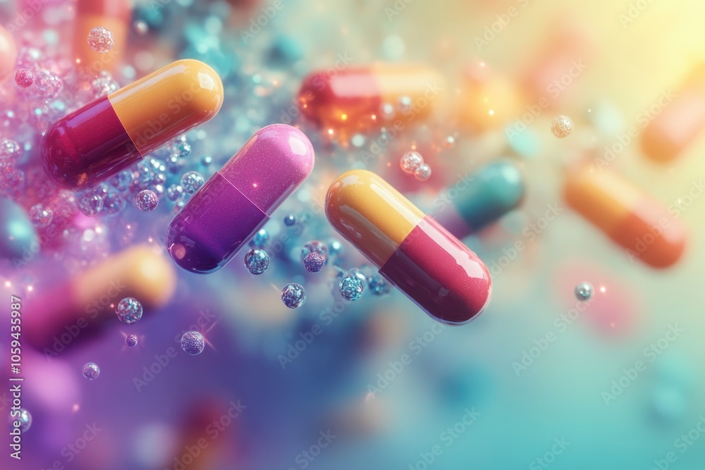 Colorful capsules floating in a vibrant background with bubbles at sunset time Colorful capsules floating in a vibrant background with bubbles at sunset time
