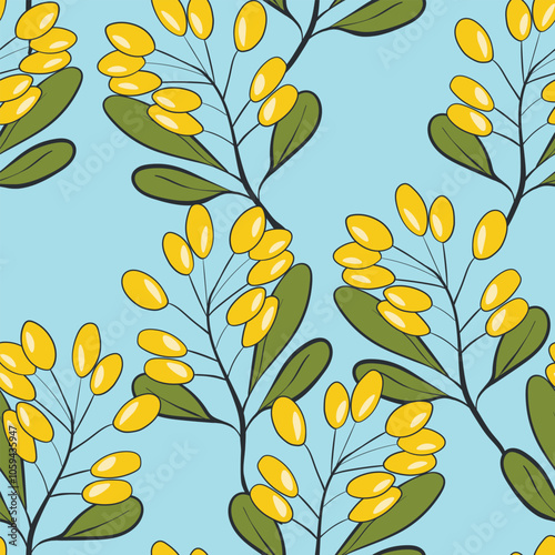 Seamless pattern with sea buckthorn. Natural fresh ripe tasty berries. Vector illustration for background, packaging, textile, fabric and various other designs