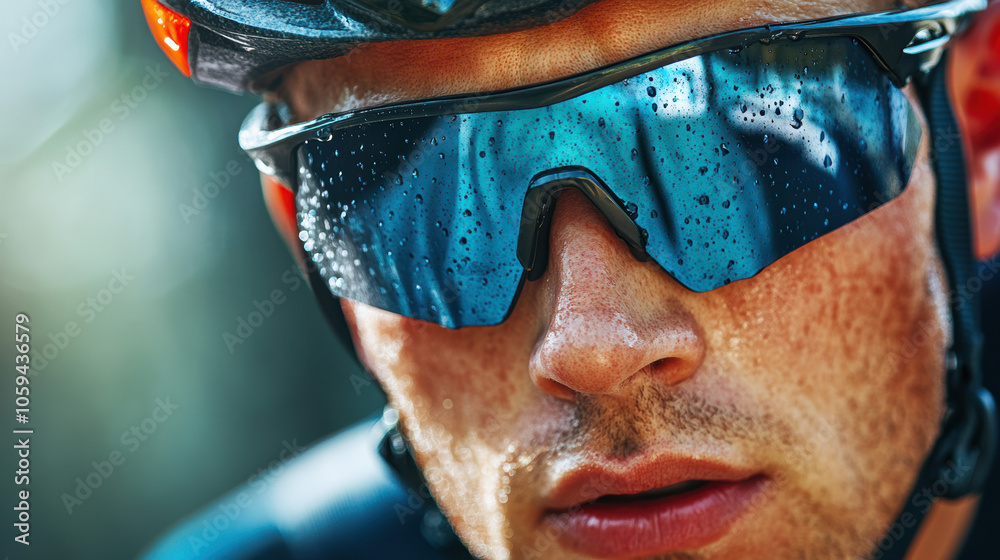 Naklejka premium Cyclist in Action with Sweat-Drenched Face and Sports Glasses.