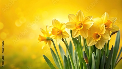 Close-up of a daffodil bulb with green leaves and yellow trumpet-shaped flowers in the foreground against a yellow background, plant, landscape, garden, outdoor, garden center