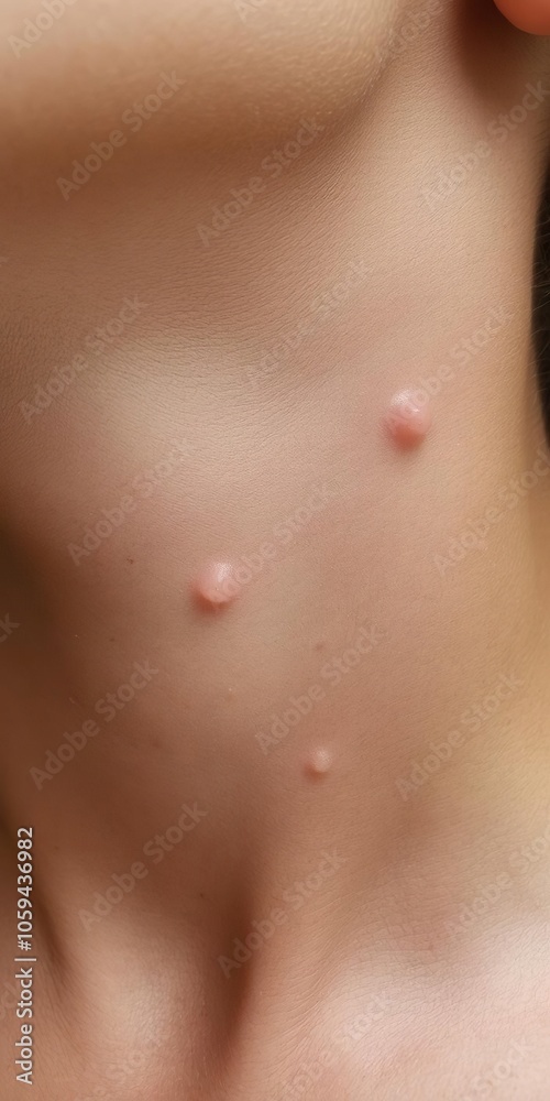 Close up of a person's neck showing visible neurofibromatosis lumps and bumps, diagnosis, abnormal growths, tumors Close up of a person's neck showing visible neurofibromatosis lumps and bumps, diagnosis, abnormal growths, tumors