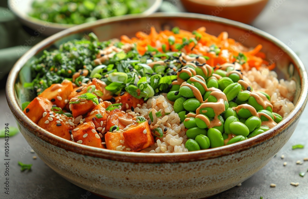 Vegan gain bowl with brown rice, edamame, tofu and vegetables. Vegan gain bowl with brown rice, edamame, tofu and vegetables.