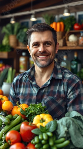 A man smiles while holding a basket of fresh produce in a grocery store