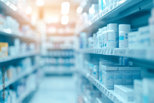 Abstract image of a showcase with medicines, cosmetics in a pharmacy