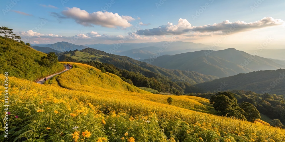 Fototapeta Stunning Yellow Field on Mountain Top at Monjong, Chiang Mai - Captivating Landscape Photography