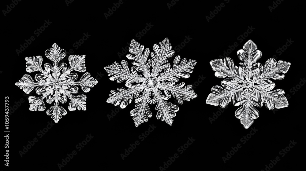 Three snowflakes showing intricate structure on black background Three snowflakes showing intricate structure on black background