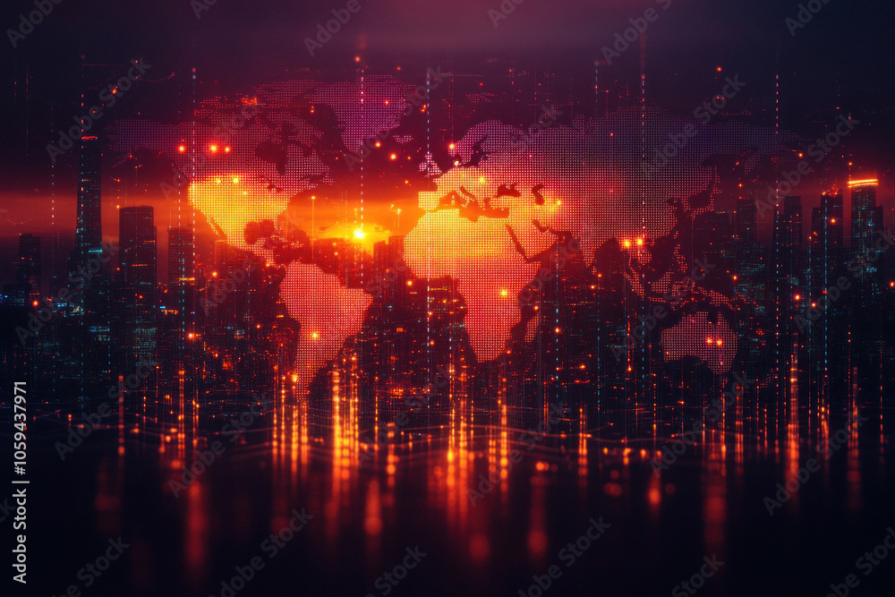 Obraz premium Abstract digital world map overlay with city skyline background