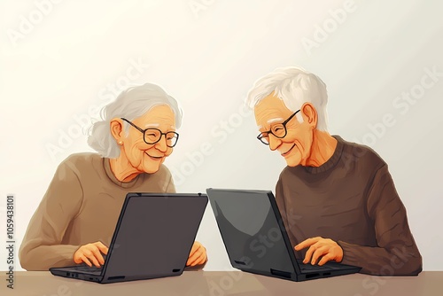 Older individuals typing on laptops, embracing technology in their everyday lives, learning, working, and staying engaged with modern tools and online platforms